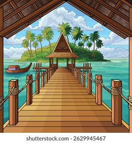 Cartoon-style tropical pier over turquoise water with a wooden hut, palm trees, and island in the background. Bright sunny sky and boat create a peaceful summer vacation scene.