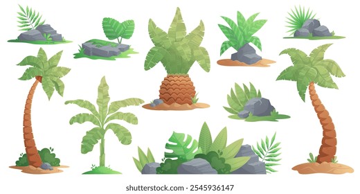 Cartoon-style tropical plants, palm trees, rocks, and bushes are growing on sand and grass patches, creating a vibrant and lush tropical scene