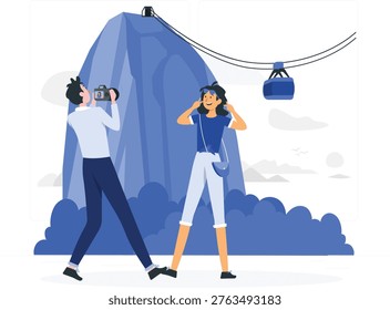 A cartoon-style of two people standing in front of a large blue mountain with a cable car. One person is taking a of the other, who is posing with her hands near her face. They wear casual...