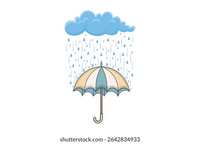 Cartoon-style umbrella with raindrops, flat vector rainy day scene, cute pastel color illustration perfect for children's books, print, textile, and background use

