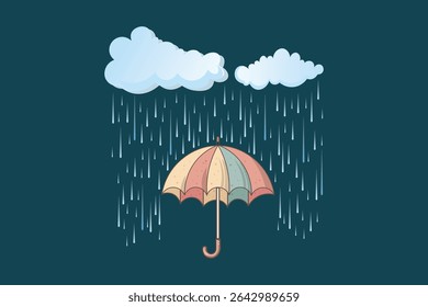 Cartoon-style umbrella with soft falling rain drops, vector flat weather scene for educational content, print design, nursery art, and seasonal visuals

