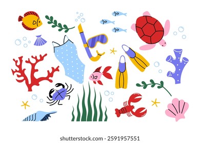 Cartoon-style underwater illustration with sea animals, fish, corals, diving gear. Perfect for summer prints, posters, wall decor, stickers, ocean-themed design for kids, travel, marine projects