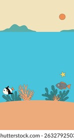 A cartoon-style underwater scene featuring colorful fish, coral, a starfish, and a bright sun in a serene ocean setting.
