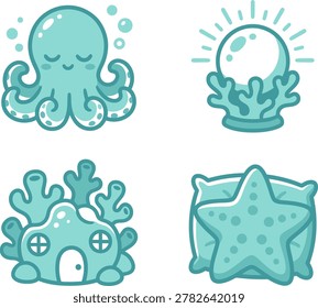 Cartoon-style underwater scene featuring an octopus, coral, a pearl, and a starfish