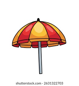 Cartoon-style vector of a beach umbrella with red and yellow panels. Perfect for summer holiday, beach relaxation, or tropical themes.