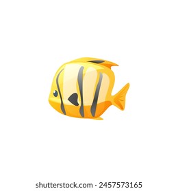 Cartoon-style vector cute fish with a beautiful pattern of black stripes with black fins, yellow tail on a white background. Perfect for icons or pet designs