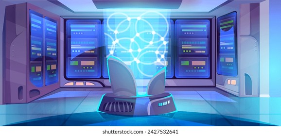 Cartoon-style vector depiction of a futuristic data center interior with server hardware and hologram. Illustrating concepts of big data technology, cloud information base, artificial intelligence