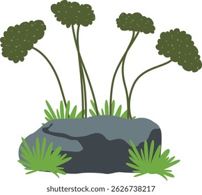 Cartoon-style vector graphic showing multiple trees growing behind a grey rock with grass and foliage accents.