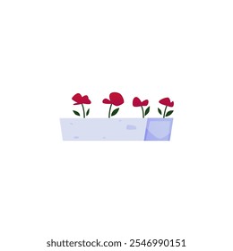 Cartoon-style vector icon with elegant red flowers in a flower bed on a white background. Botanical graphics that create a warm, organic atmosphere.