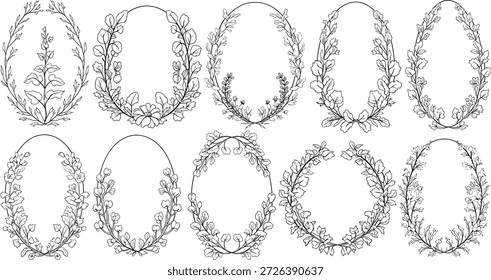 Cartoon-style vector illustration of 10 oval floral wreath icons with botanical decorations in black line art