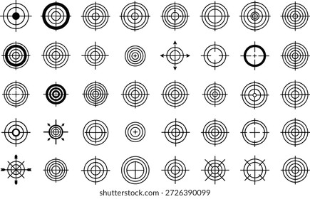   
Cartoon-style vector illustration of 40 black circular crosshair and target symbols with concentric lines and arrows, representing aiming, precision, interface design, and visual communication