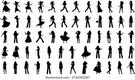 Ilustração vetorial em estilo cartoon de 72 silhuetas femininas negras em diversas poses e roupas, representando moda, postura, gestos e design de personagens para animação, modelagem e referência educacional
