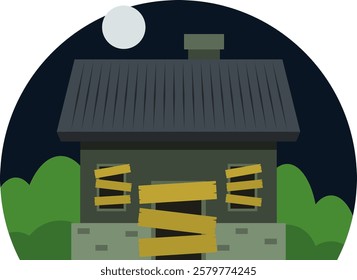 Cartoon-style vector illustration of an abandoned countryside house with boarded-up windows and doors under the moonlight at night. Perfect for horror, Halloween, and spooky-themed projects. Editable 