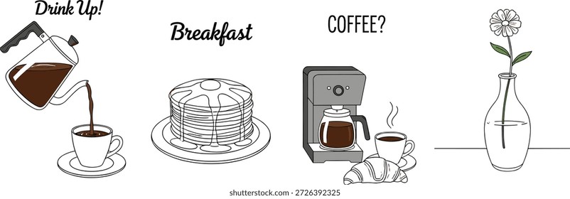 Cartoon-style vector illustration of breakfast and coffee icons with pancakes, pot, machine, and flower vase for morning routine design