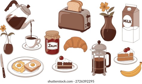 Ilustração vetorial em estilo cartoon de itens para café da manhã, incluindo café, torrada, ovos, leite, geleia e bolo para o projeto de comida matinal