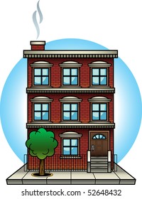 Cartoon-style vector illustration of a brick apartment building. This file is well-organized and labeled, so all colors and graphic elements can be edited easily.