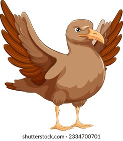 A cartoon-style vector illustration of a brown bird with its wings open, ready to fly, isolated on a white background