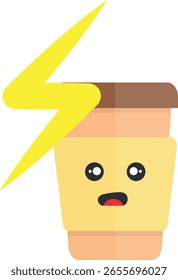 Ilustración vectorial de estilo de dibujos animados de una taza de café marrón con cara expresiva y rayo arriba, que simboliza el impulso de energía.