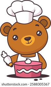 A cartoon-style vector illustration of a cheerful bear confectioner wearing a chef's hat and apron, decorating a pink cake with icing.