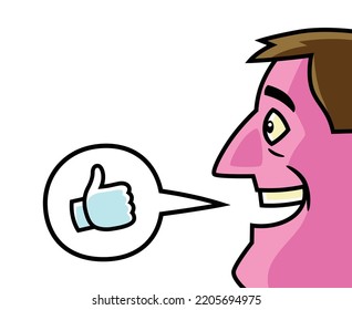 Cartoon-style vector illustration of a close-up of the profile of a young, brown-haired man smiling with a very happy expression.