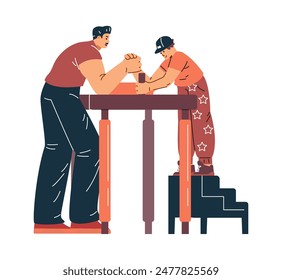 A cartoon-style vector illustration depicting a tense mock arm wrestling match in which a muscular athlete competes with a small boy in dynamic strength training