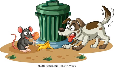 Ilustração vetorial em estilo cartoon de um cão latindo em um rato comendo restos de comida ao lado de uma lixeira verde no chão de terra suja