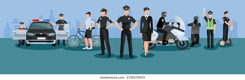 Una Ilustración vectorial al estilo de dibujos animados que presenta un grupo diverso de agentes de policía hombres y mujeres con varios uniformes y roles operacionales, incluida la patrulla en bicicleta, unidades tácticas y control de tráfico. La escena también incluye múltiples vehículos policiales, como un patrullero marcado, una motocicleta y un dispositivo de transporte personal, que representan a las fuerzas del orden y los servicios de seguridad pública modernos.