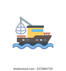 Cartoon-style vector illustration of a fishing boat with a crane, floating on the sea. Perfect for maritime, industrial, and fishing-related designs for apps, websites, or printed materials