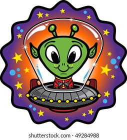 Cartoon-style vector illustration of a friendly alien flying through space in a UFO