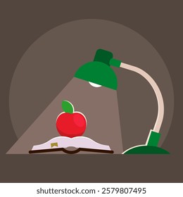 Cartoon-style vector illustration of a green table lamp illuminating an open book with an apple on top in a cozy room. Perfect for study, reading, education, and interior design themes