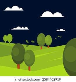 Cartoon-style vector illustration of a green valley with trees at night. A peaceful and scenic landscape under the moonlight, perfect for nature, adventure, and fantasy-themed projects