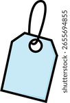 Cartoon-style vector illustration of a light blue label tag with black outline and string loop.