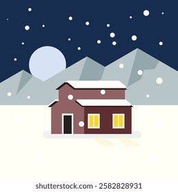 Cartoon-style vector illustration of a lonely house in winter near mountains, surrounded by snowfall under a full moon. A serene and scenic night landscape, perfect for seasonal, nature, and adventure