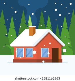 Cartoon-style vector illustration of a mountain cottage surrounded by pines, in a snowy winter night. A peaceful and cozy scene, perfect for holiday, nature, and adventure themes