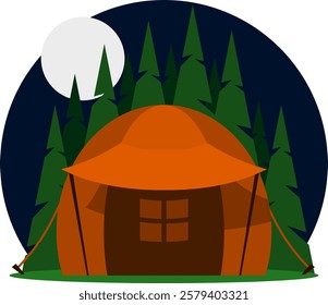 Cartoon-style vector illustration of an orange tent in a stylized forest at night under the moonlight. Perfect for adventure, camping, and nature-themed projects. Editable and scalable