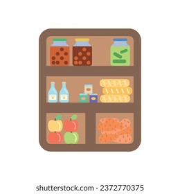 Cartoon-style vector illustration of a pantry shelf with groceries. Ideal for charity campaigns, kitchen apps, or food organization designs