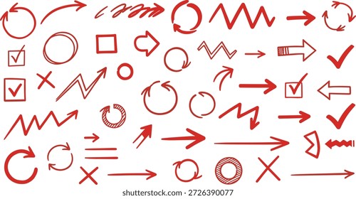 Ilustração vetorial em estilo cartoon de setas desenhadas à mão vermelhas, marcas de verificação e símbolos para anotação, correção e design instrucional