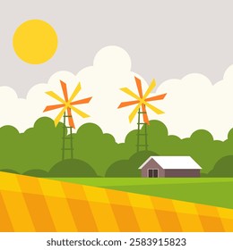 Cartoon-style vector illustration of a rural landscape featuring a barn in the background and the sun shining in the sky. A peaceful countryside scene, perfect for nature, farming themed projects