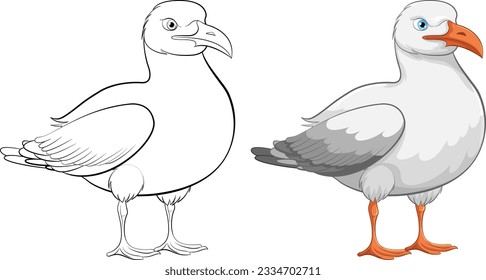 A cartoon-style vector illustration of a seagull bird standing and smiling, isolated on a white background