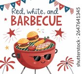 cartoon-style vector illustration of a set of food featuring a cheerful red grill with a smiling face