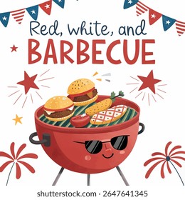 cartoon-style vector illustration of a set of food featuring a cheerful red grill with a smiling face