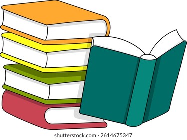 Cartoon-style vector illustration of a stack of colorful books with one open book in the front. Perfect for education