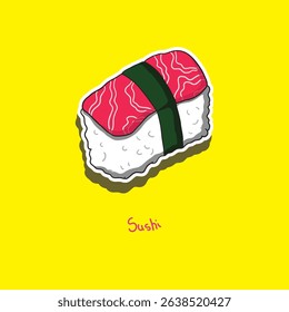 Cartoon-style vector illustration of sushi with rice, raw fish, and seaweed on a bright yellow background. Perfect for Japanese food stickers, menu design, or fun food content.