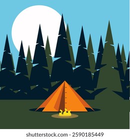 Cartoon-style vector illustration of a tent in a dense pine forest. A peaceful and scenic outdoor landscape, perfect for adventure, camping, travel, and nature-themed projects