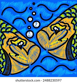 Cartoon-style vector illustration of two funny arrogant fish heads with bright yellow and green scales and black outline in the blue sea water with waves and white air bubbles decorated with hatching