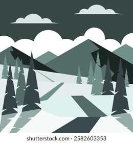 Cartoon-style vector illustration of a winter mountain landscape with pine trees and a snow-covered icy road. A serene and scenic scene, perfect for nature, travel, and seasonal-themed projects