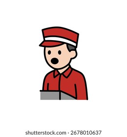 Una Ilustración vectorial al estilo de dibujos animados de un trabajador con un uniforme y una gorra rojos, que se muestra con una expresión de sorpresa o habla. Ideal para campañas promocionales, temáticas laborales, contenido del Día de la Independencia