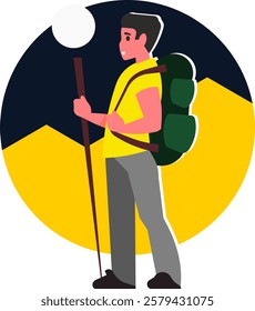 Cartoon-style vector illustration of a young adventurer with a backpack walking at night under the moonlight. Perfect for travel, exploration, and outdoor-themed projects. Editable and scalable
