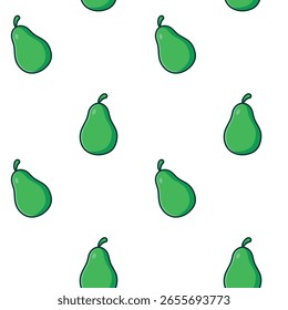 Cartoon-style vector pattern of green pears with brown stems and subtle texture, arranged in a playful minimal composition with soft lighting