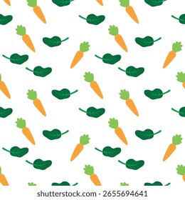 Patrón de Vector de estilo de dibujos animados de zanahorias naranjas y hojas de espinaca verde oscuro